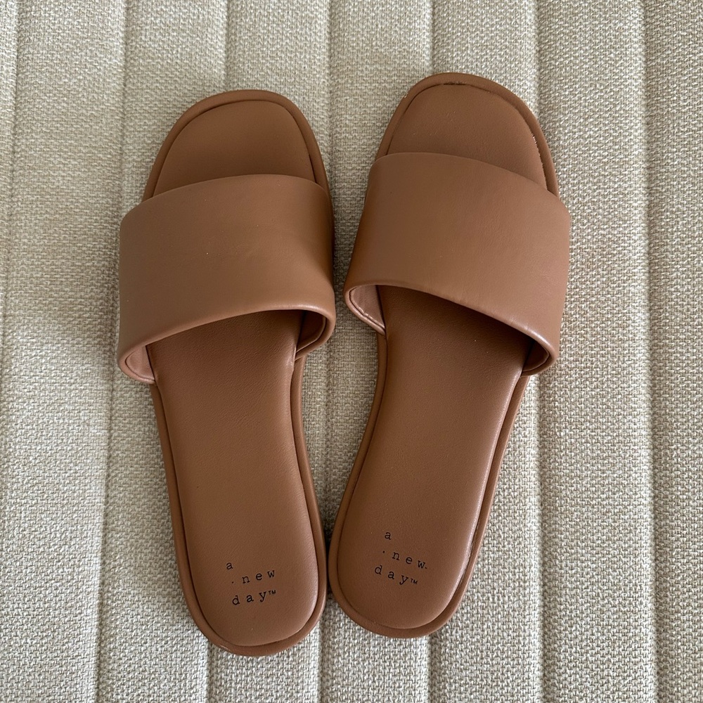 Target Minimalist Slide Sandals | Tan Faux Leather | A New Day | Size 7